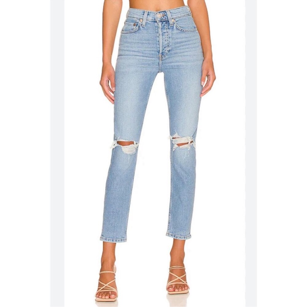RE/DONE SZ 26 90s High Rise Ankle Crop Jeans Destroyed Sanded Blue